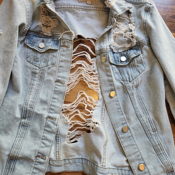 XS GB Jean Jacket Cutout Open Denim Accent Lightwash Punk Boho Ripped Distressed - Picture 2 of 7